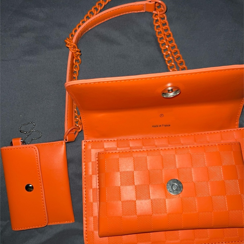 Vibrant Orange Checkered Crossbody Bag - Picture 2 of 3